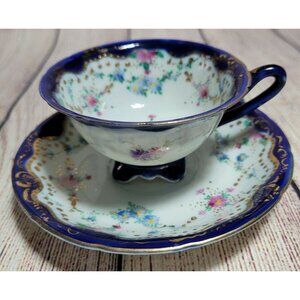 Cobalt Blue Floral Gold Stunning Tea Cup / Saucer Fine Bone China - See details